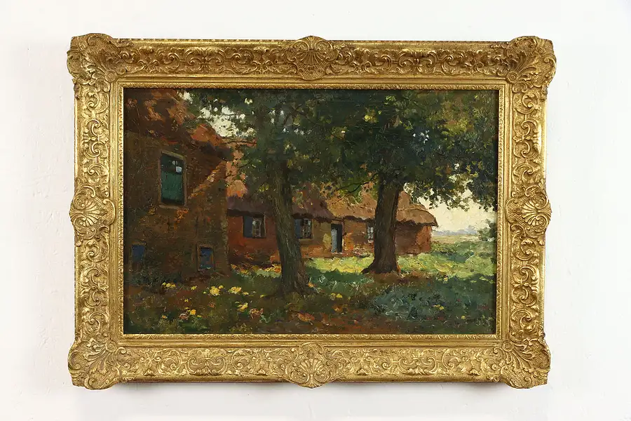 Main image of Thatched Cottage in Summer Original Antique Oil Painting, 30" Weijns