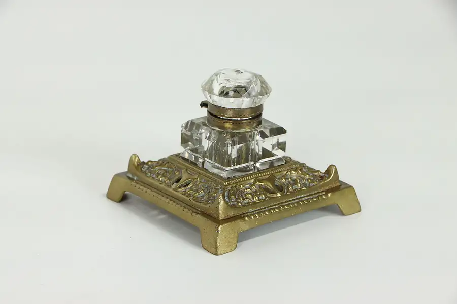 Main image of Victorian Antique Brass and Cut Glass Covered Inkwell