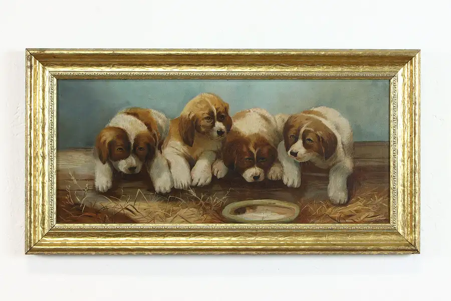 Main image of Puppies at Feeding Dish, Antique Original Farmhouse Oil Painting 26"