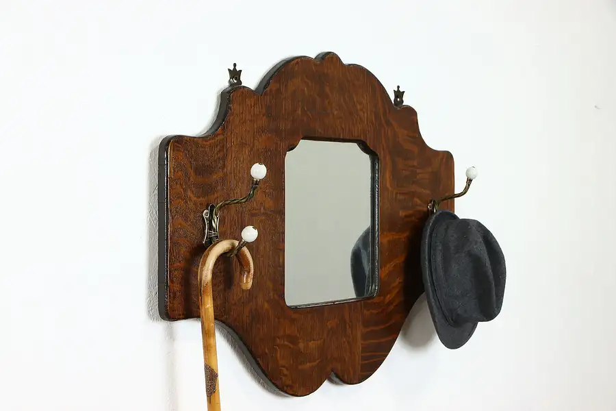 Main image of Victorian Antique Farmhouse Oak Hall Mirror with Hooks