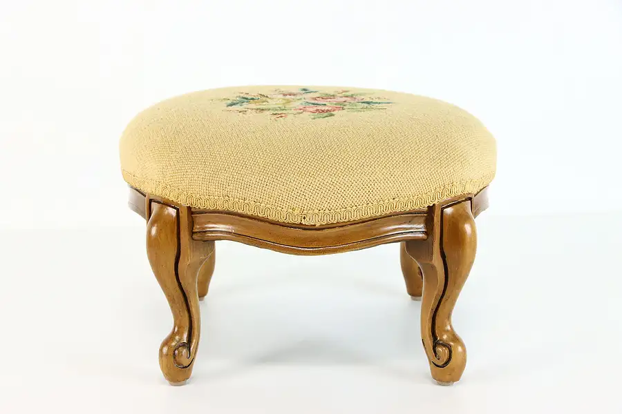 Main image of Farmhouse Vintage Country Fruitwood Footstool, Needlepoint Upholstery