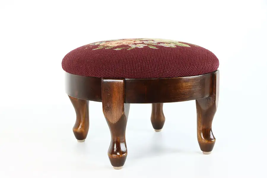 Main image of Farmhouse Vintage Country Birch Footstool, Needlepoint Upholstery