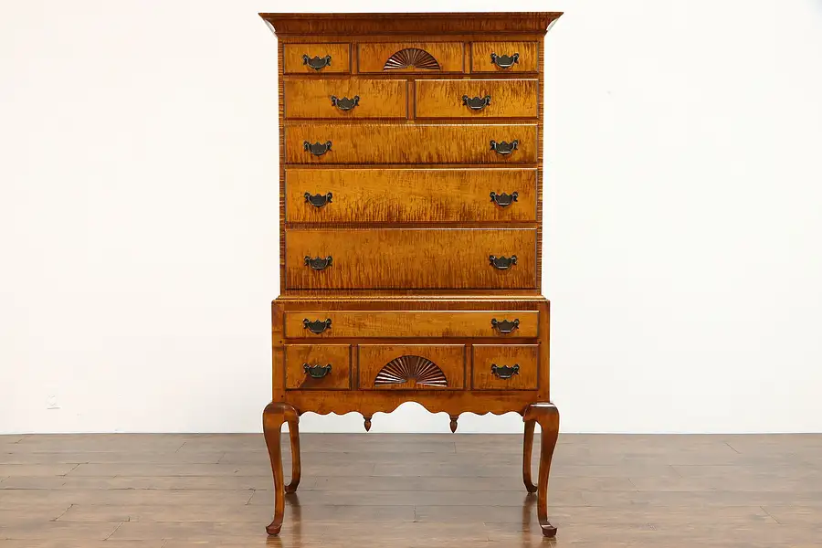 Main image of Georgian Design Artisanal Vintage Tiger Maple Tall Chest on Chest Highboy