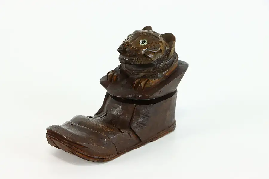 Main image of Hand Carved Fruitwood Cat and Shoe Antique Folk Art Inkwell