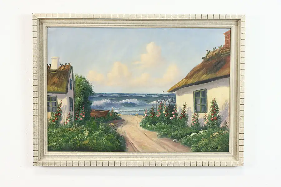 Main image of Seaside Cottage Original Vintage Oil Painting, Signed H. B. 31"