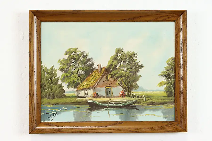 Main image of Canoe and Thatched Cottage, Vintage Original Acrylic Painting 18 1/2"