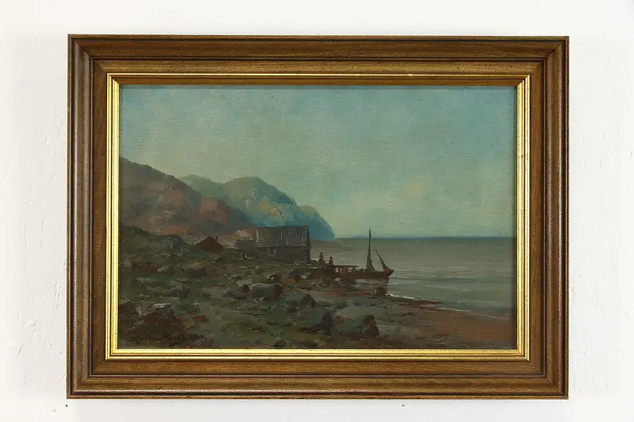 Main image of Harold Hall Norwegian American Original Oil Painting Fisherman Cabin 21"