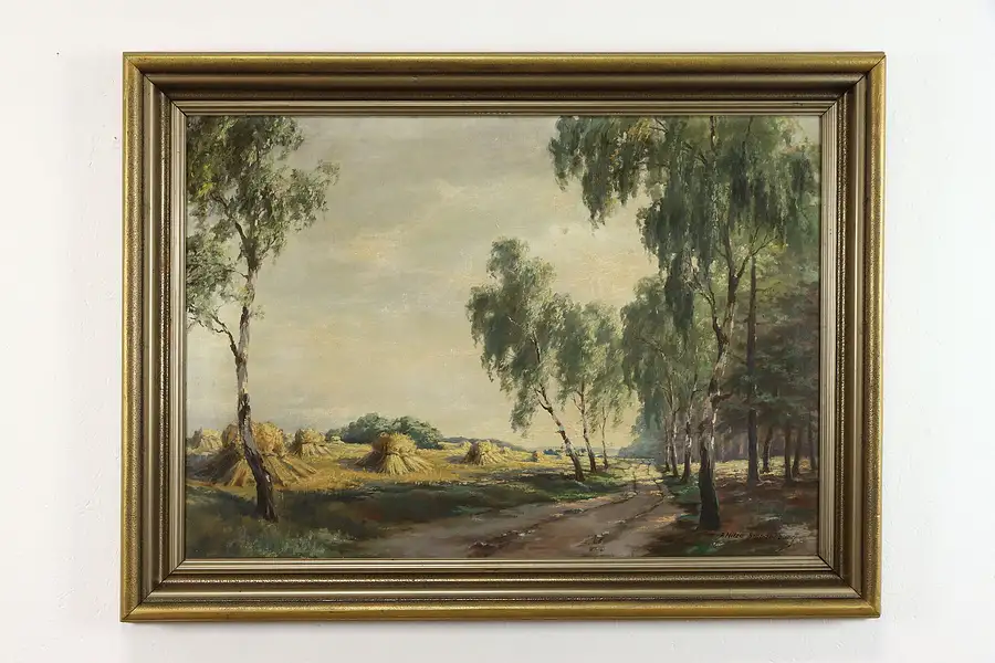 Main image of Original Oil Painting, Trees Haystack and Road, Alois Brandenburg, 48"