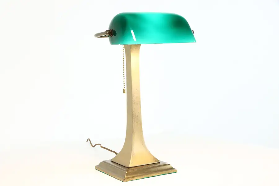 Main image of Emeralite Emerald & Opalescent Glass Antique Brass Banker Desk Lamp