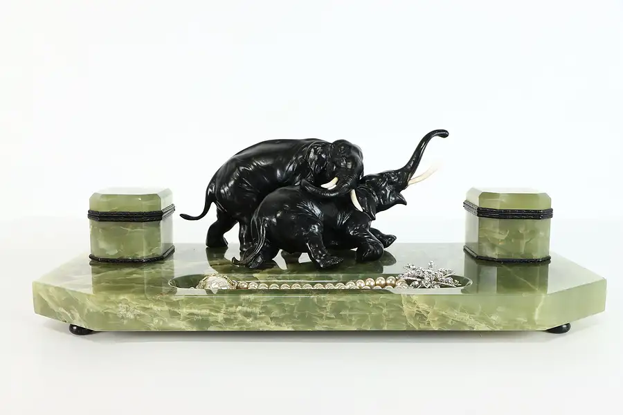 Main image of Onyx and Bronze Antique Inkwell and Pen Tray, Elephants Sculpture