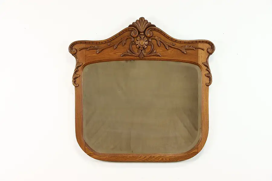 Main image of Victorian Antique Beveled Wall Mirror Carved Oak & Ash, 37"