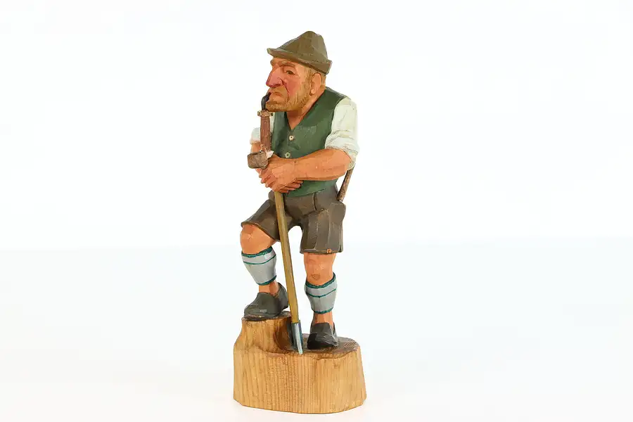 Main image of Swiss Woodcutter Figure, Axe & Pipe, Hand Carved Sculpture