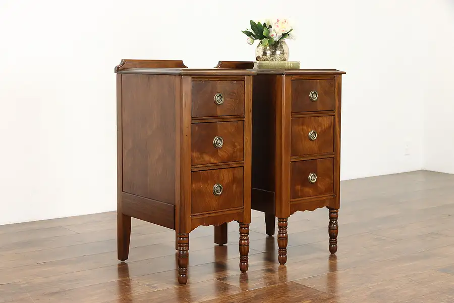 Main image of Pair of Traditional Antique Walnut & Burl Nightstands