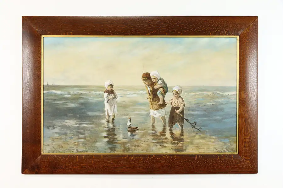 Main image of Children & Sailboat at a Beach, Original Antique Oil Painting 60"