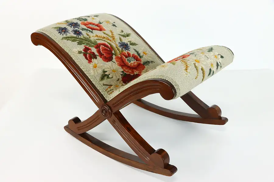 Main image of Victorian Antique Birch Gout Rocking Footstool, Needlepoint Upholstery