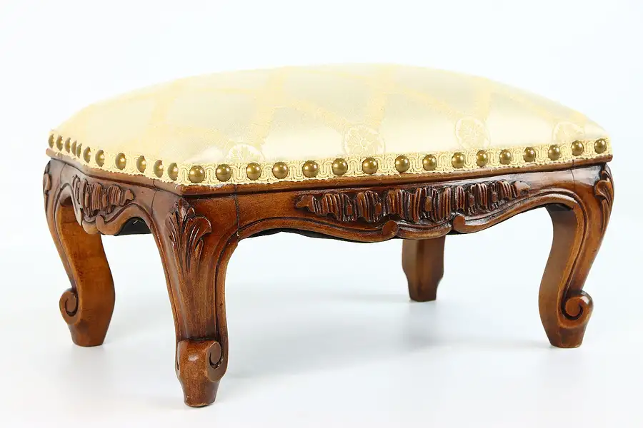 Main image of Fruitwood Antique Carved French Footstool, New Upholstery