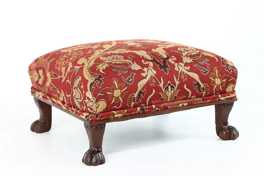 Main image of Mahogany Antique Footstool, Carved Paw Feet, New Upholstery