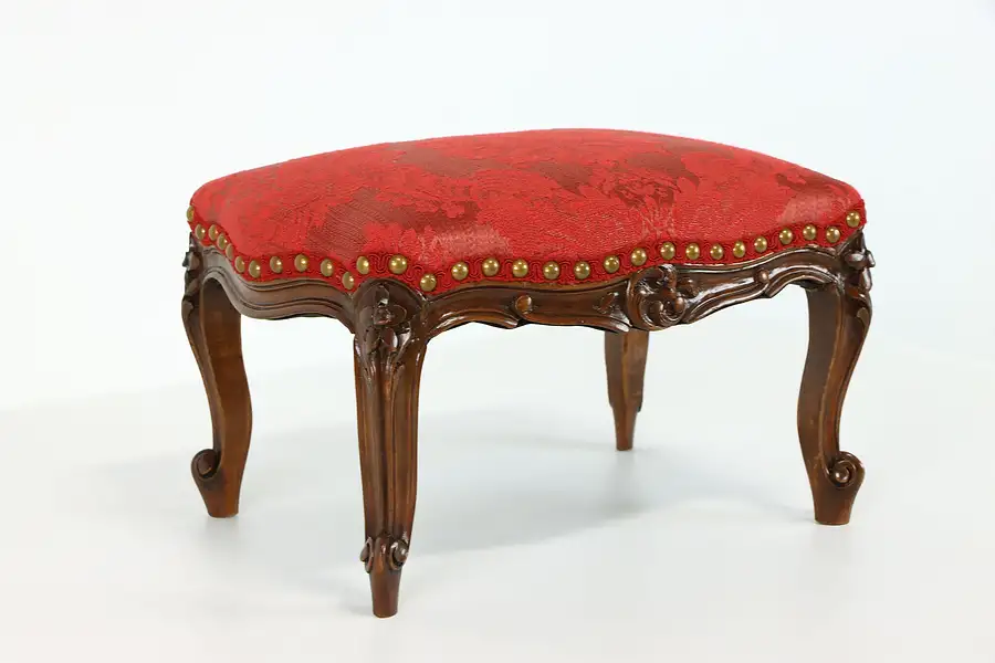 Main image of Fruitwood Antique Carved French Footstool, New Upholstery