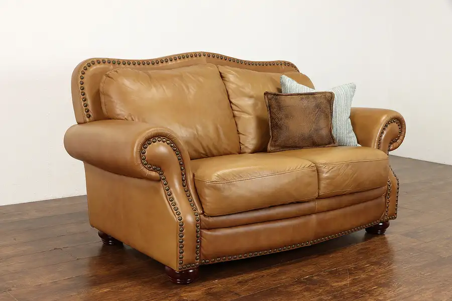 Main image of Vintage Natural Leather Loveseat, Brass Nailhead Trim