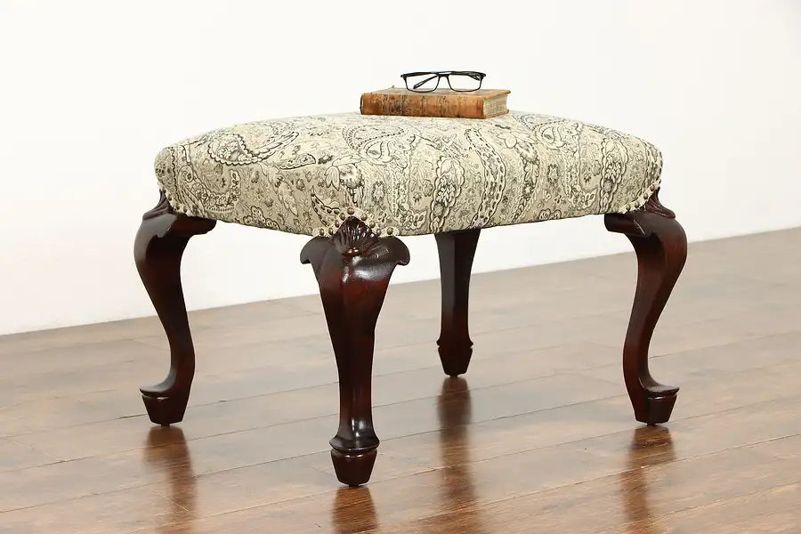 Main image of Georgian Style Antique Carved Footstool, Ottoman or Bench, New Upholstery