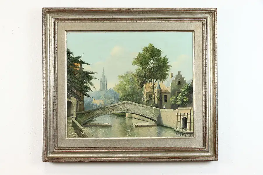 Main image of Amsterdam Canal Dutch Scene Original Vintage Oil Painting 32.5"