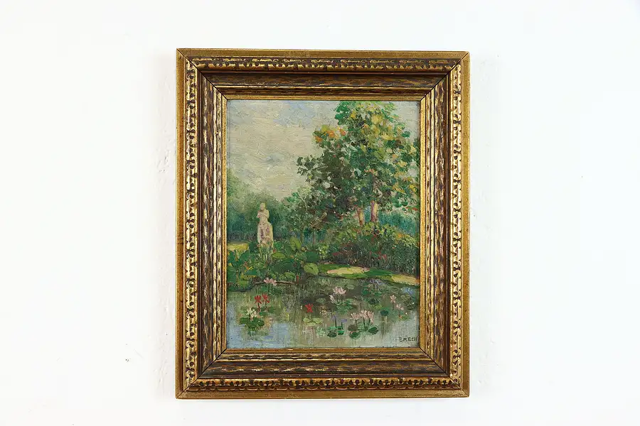 Main image of Pond with Lily Pads & Statue Original Antique Oil Painting BM Bell 14"