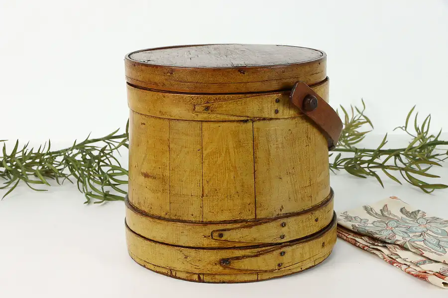 Main image of Pine Sugar Bucket, Antique Farmhouse Country Firkin with Lid and Handle