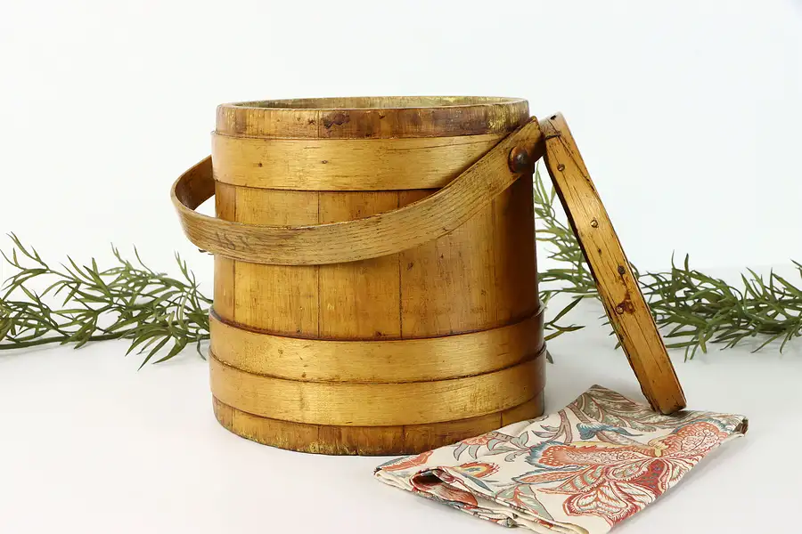 Main image of Pine Sugar Bucket, Antique Farmhouse Country Firkin with Lid and Handle