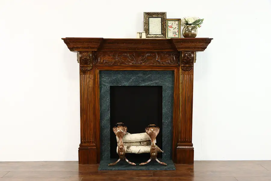 Main image of Carved Mahogany Architectural Salvage Fireplace Mantle, Faux Marble