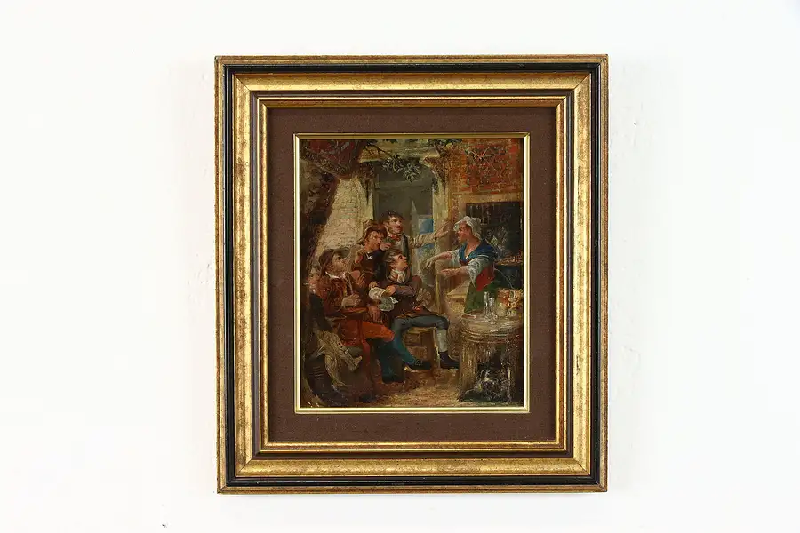 Main image of Georgian Pub Scene English Antique 1780 Oil Painting 13-1/2"