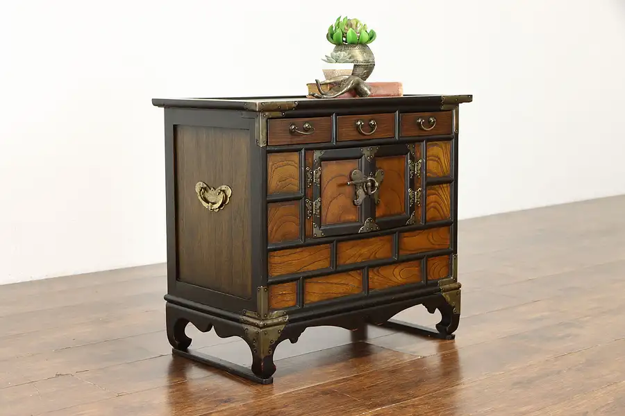 Main image of Korean Vintage Elm Dowry Cabinet or Jewelry Chest, Brass Mounts