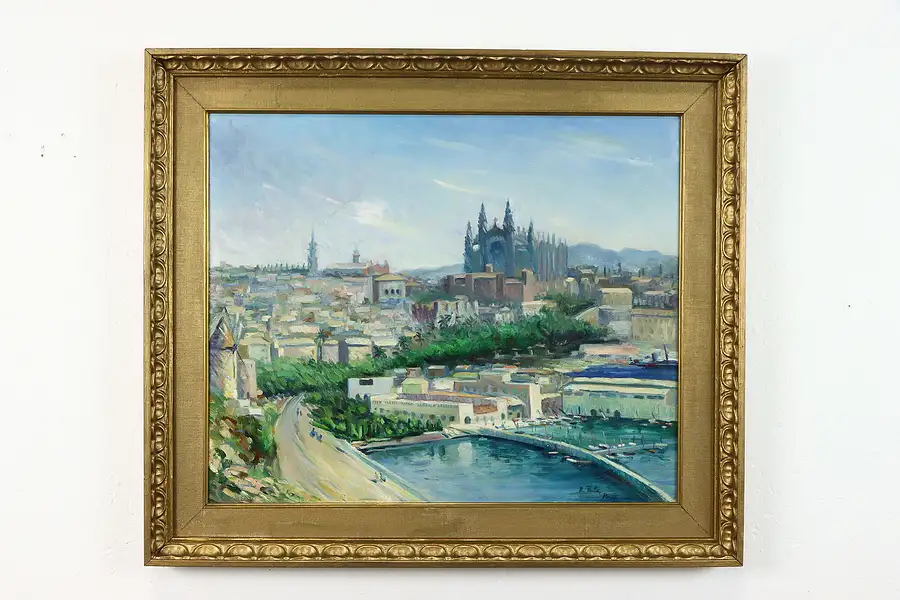 Main image of Palma Cathedral Majorca Vintage Original Oil Painting Falk 31.5"