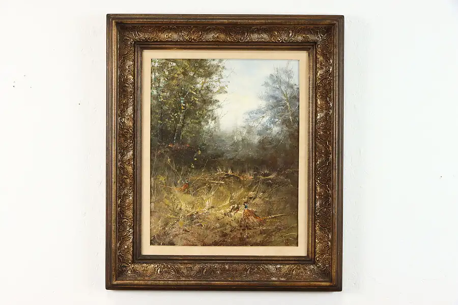 Main image of Pheasants in Fall Original Vintage Oil Painting, H. Hansung 28"