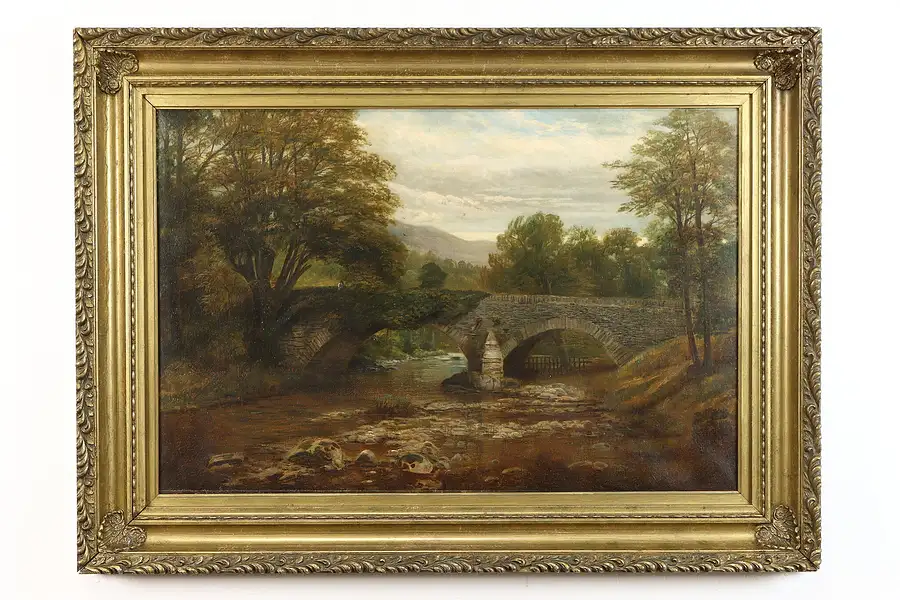 Main image of Brathay Bridge in England Antique Original Oil Painting Mitchell, 45.5"