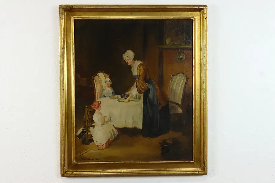 Main image of Mother & Daughters Original Antique Oil Painting after de Hoog 29"