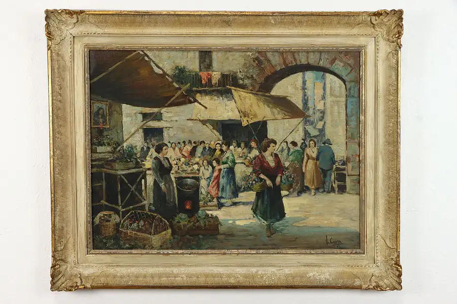 Main image of Italian Market Scene Original Vintage Oil Painting, Vincenzo Ciappa, 39"