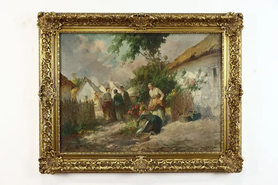 Main image of Villagers Cutting Flowers Vintage Original Oil Painting, Agoston Acs 38"