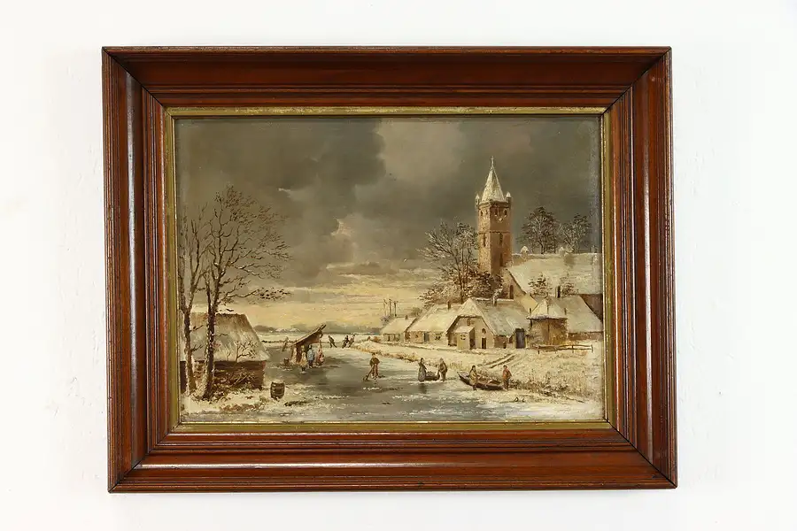 Main image of Frozen Lake & Snowy Landscape Antique Original Oil Painting Signed DL 23"