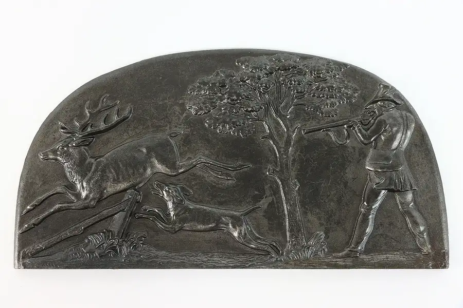 Main image of Iron Fireback German Vintage Relief Plaque of Hunter & Stag, Henjes