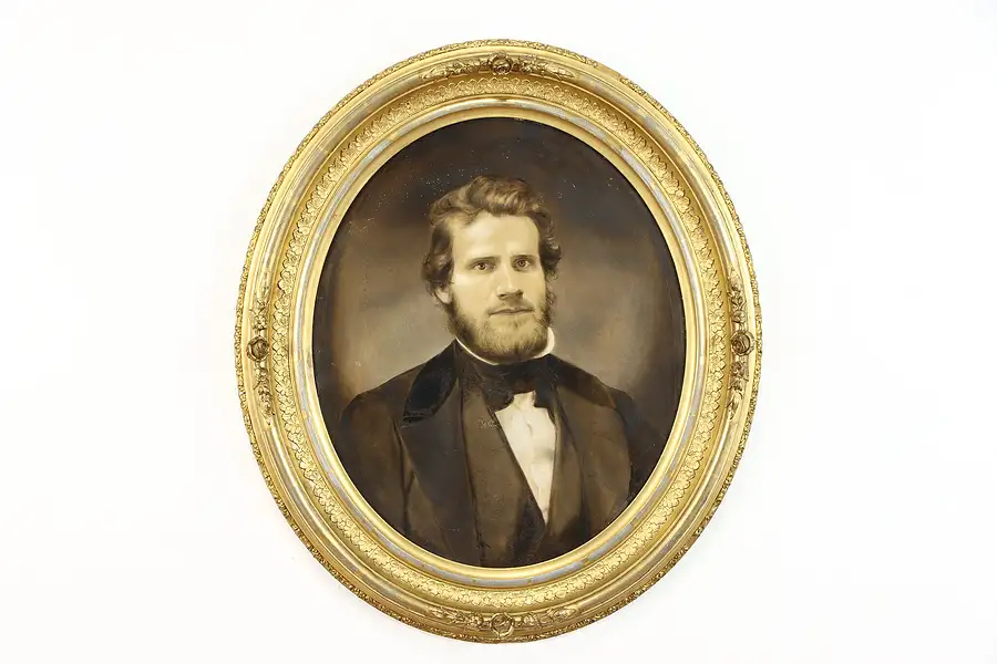 Main image of Victorian Antique Portrait of a Gentleman, Oval Gold Leaf Frame