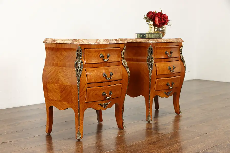 Main image of Pair of Vintage Italian Bombe Marble Top Marquetry Chests or Nightstands