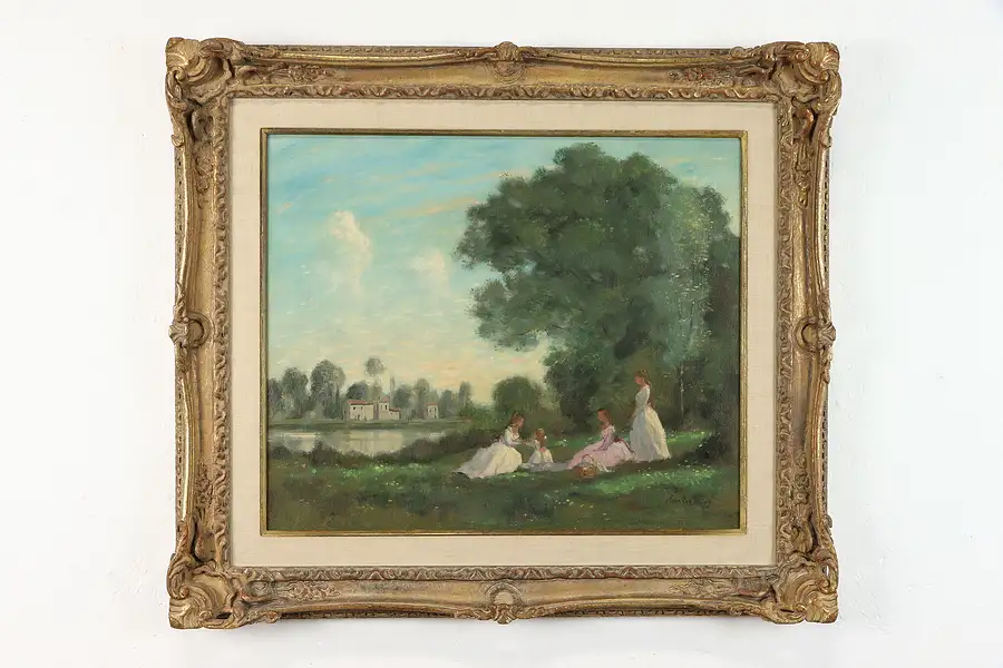 Main image of Picnic by a River Vintage Original Oil Painting, Charles Rigg 32"