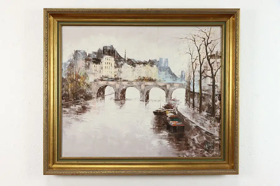 Main image of Pont Neuf Bridge, Paris Vintage Original Oil Painting, J.K. Walles 34"