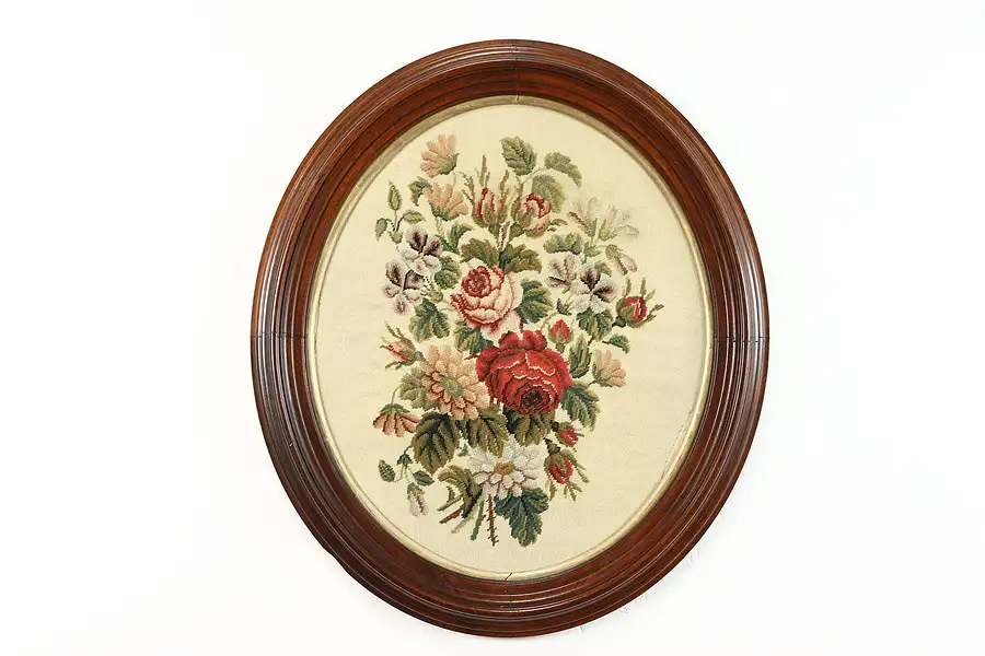 Main image of Victorian Antique, Rose and Violet Needlepoint, Oval Walnut Frame, 30"