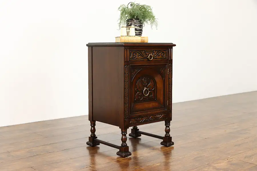 Main image of English Tudor Antique Carved Walnut End or Lamp Table, Nightstand