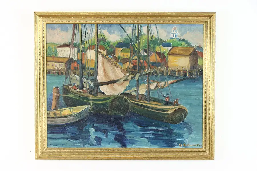 Main image of Fishing Boats Harbor Scene Antique Original Oil Painting, G. Solomon 23"