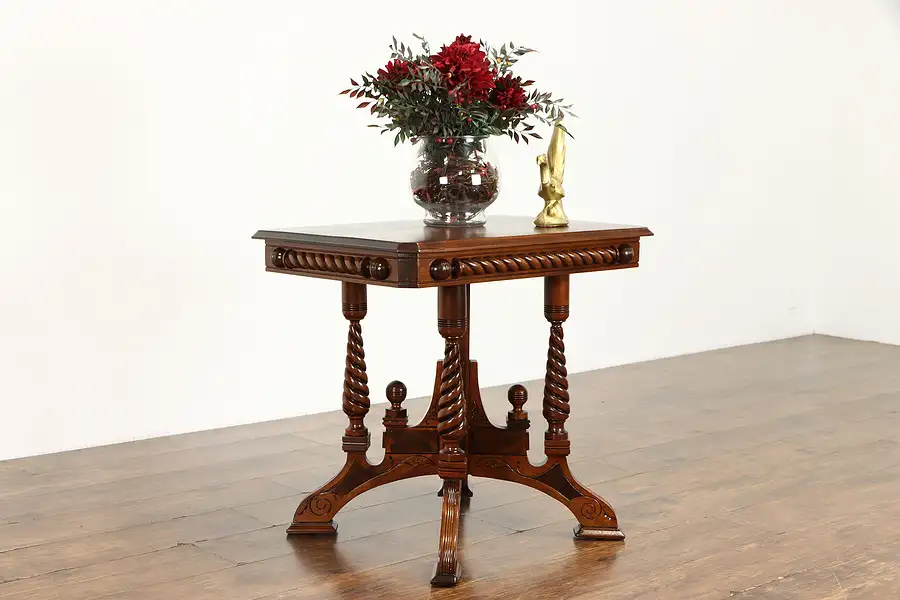 Main image of Victorian Eastlake Antique Walnut & Burl Parlor, Lamp, Hall or End Table