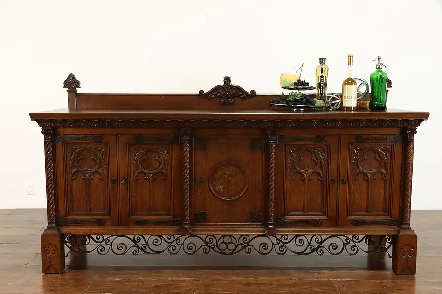 Main image of Gothic Carved Antique Oak Dutch Sideboard, Server, Buffet Bar, TV Console