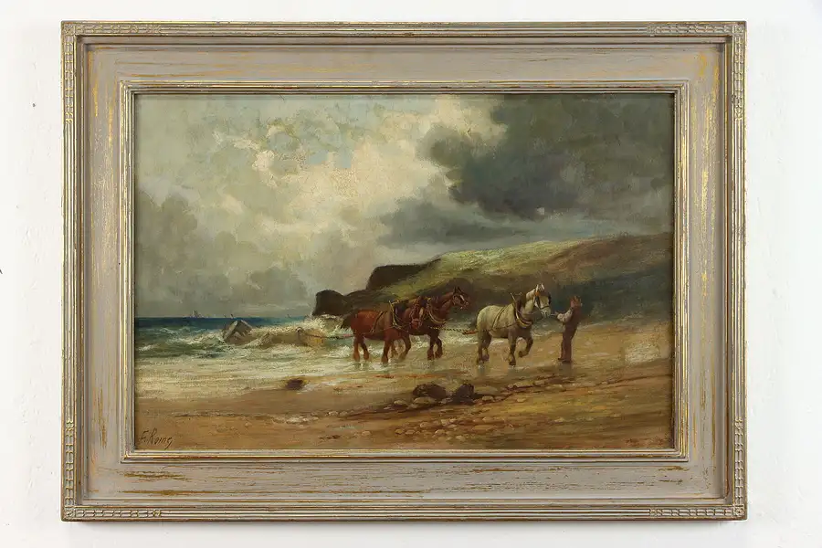 Main image of Horses Pulling From Sea Original Antique Oil Painting Signed 30"