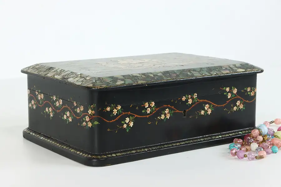 Main image of Victorian Antique Papier Mache & Pearl English Jewelry Box, Chest